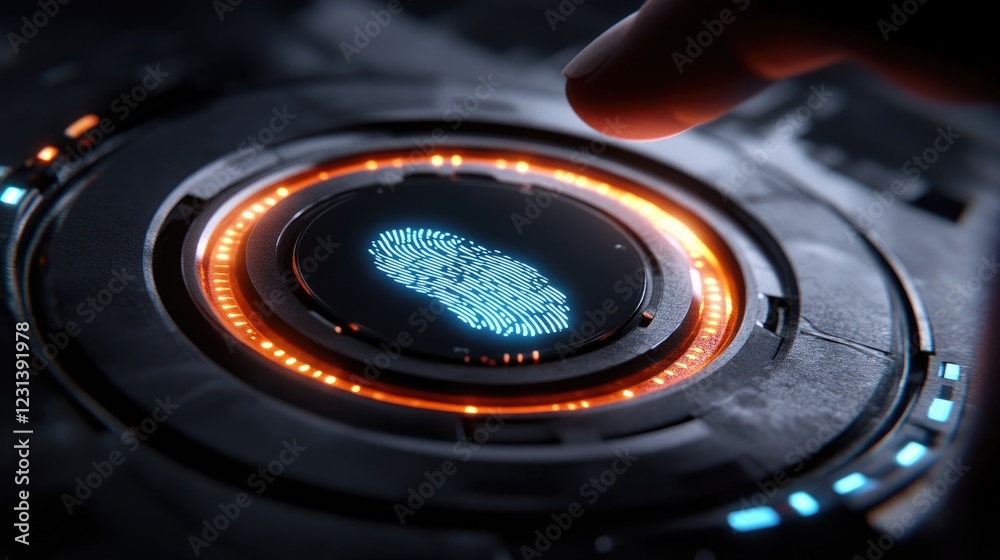 Poster a futuristic fingerprint scan button being pressed, evoking themes of digital security, authenticati