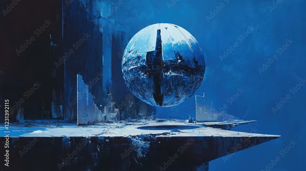 Poster a futuristic scene featuring a blue geometric sphere, sliced into layers, with each piece floating i