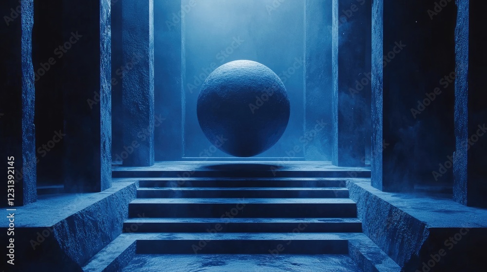 Poster a futuristic scene featuring a blue geometric sphere, sliced into layers, with each piece floating i