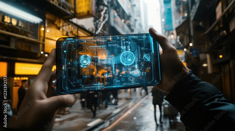 Aufkleber A futuristic smartphone display with augmented reality features blending with the real world around it, symbolizing the integration of digital and physical spaces