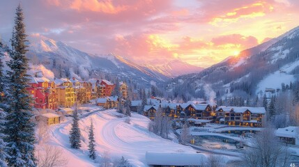 Vibrant Winter Landscape at Sunrise in Mountain Village