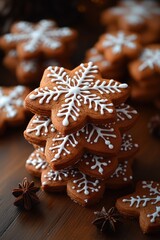 Gingerbread cookies decorated with white icing snowflakes on rustic wooden table with dried orange slice cinnamon sticks and star anise warm festive holiday ambiance