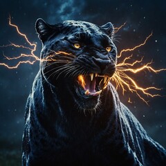 A panther infused with lightning, sparks flying as it roars, creating a charged atmosphere in the logo.