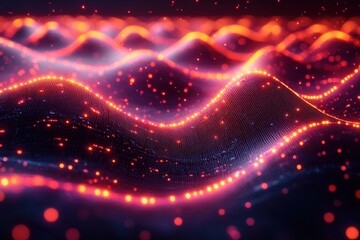 Futuristic Abstract Landscape with Glowing Nodes and Cyberpunk Aesthetics in a Networked Digital Environment