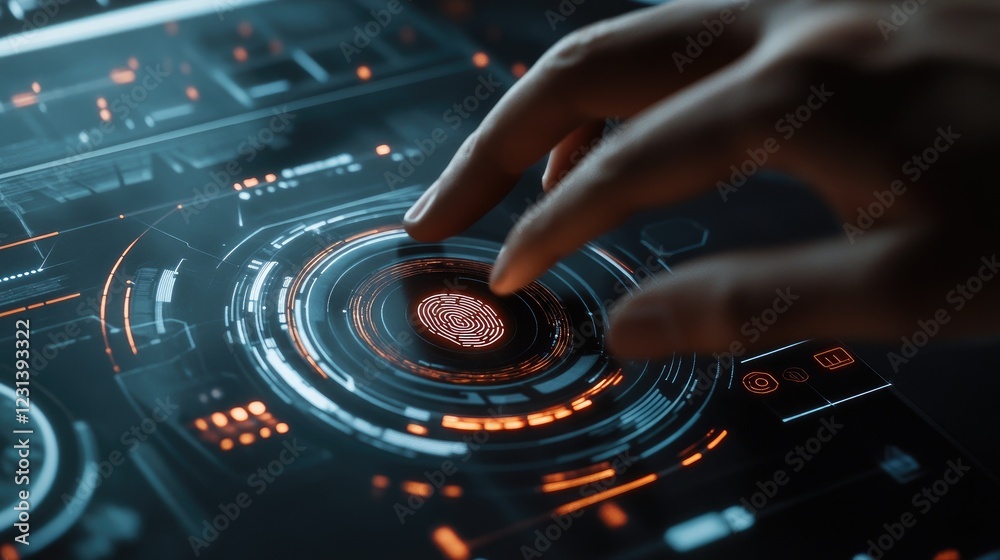 Poster A hand pushing a fingerprint scan button, highlighting the concept of biometric security and digital identity verification in an ultra-modern tech setting