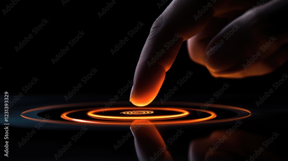 Poster A hand pushing a fingerprint scan button, highlighting the concept of biometric security and digital identity verification in an ultra-modern tech setting