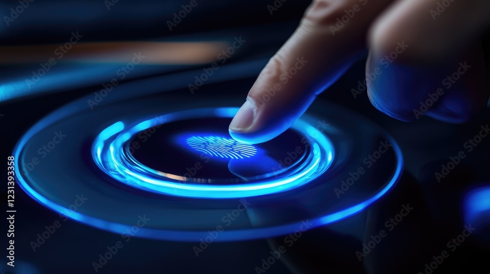 Fototapete A hand pushing a fingerprint scan button, highlighting the concept of biometric security and digital identity verification in an ultra-modern tech setting