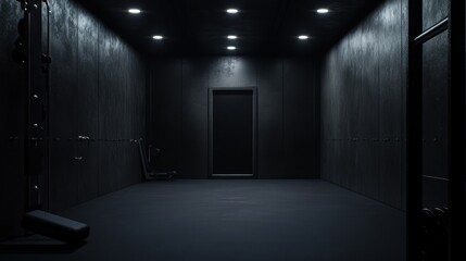 Dark, empty room with concrete walls, a door, and gym equipment.