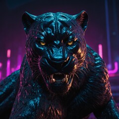 A gaming logo with a black panther snarling over neon-lit text, creating a futuristic and aggressive aesthetic.