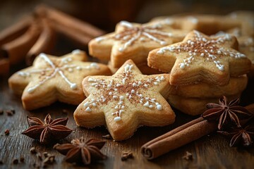 Festive Star-Shaped Gingerbread Cookies with White Icing on Rustic Wooden Table with Cinnamon Sticks and Star Anise for a Cozy Holiday Atmosphere