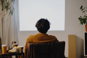 Man watching movie projection at home.