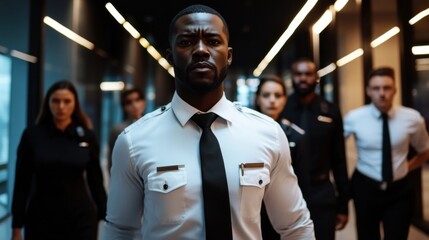 A professional security guard leading a diverse team of security personnel through a corporate office building, serious expressions.