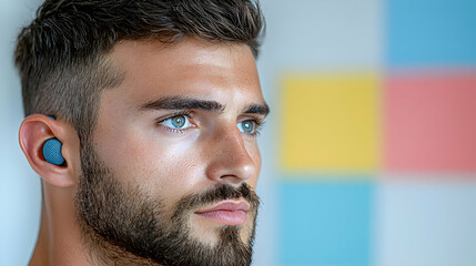 Obraz premium Man with earbuds, pensive gaze, colorful background, lifestyle portrait