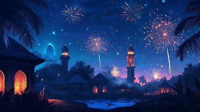 Kampung Ketupat traditional Kampung Ketupat traditional - blue night background with fireworks. eidulfitri eid mubarak lemang ketupat selamat hari raya pelita bulan ramadhan syawal aidilfitri Eid