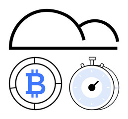 Cloud icon with Bitcoin coin and stopwatch representing cryptocurrency, cloud storage, and time optimization. Ideal for fintech, blockchain, cloud services, time management, investment, digital