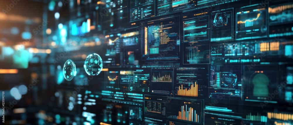 Poster futuristic data dashboard displaying analytics and trends