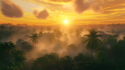 Obraz premium Breathtaking morning view of a rainforest with glowing sunlight and rolling mist