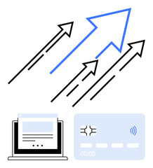 Upward arrows symbolize growth, computer screen represents online activity, bank card hints at financial tech. Ideal for digital marketing, e-commerce, financial growth, tech trends, innovation