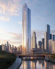 Modern Glass Skyscraper in Downtown Skyline Reflecting Sunset by the River