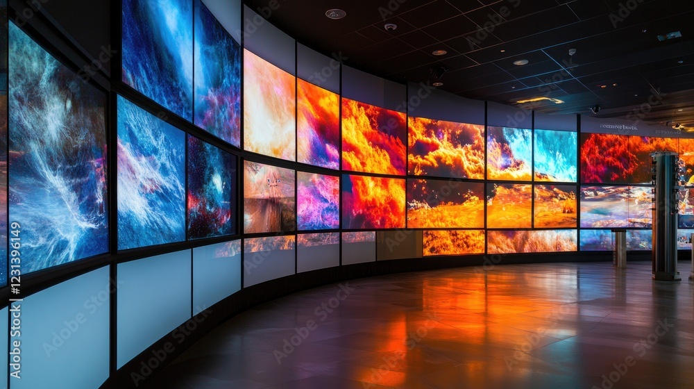 Poster a large multimedia video and image wall with multiple screens displaying vibrant visuals, ideal for 