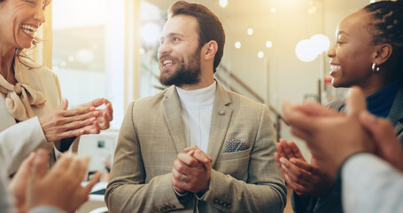 People, happy and applause in lobby for business, positive reinforcement and colleague support. Employee diversity, excited and clapping in office for company news, successful campaign or achievement