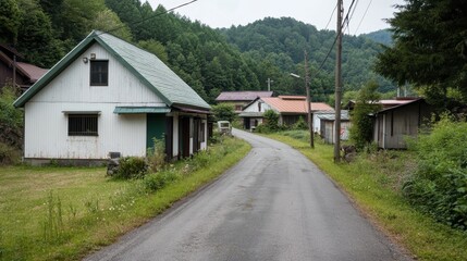 A serene country road flanked by rustic houses leads into a lush, tree-covered landscape, exuding tranquility and simplicity in rural living.