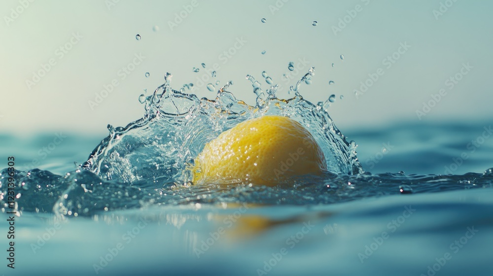 Poster A lemon dropping into water, splashing as it hits the surface, creating a refreshing, energetic scene full of dynamic motion