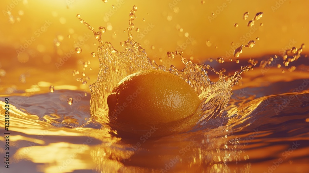 Poster a lemon falling into water with a splash, capturing the vibrant yellow color and water droplets in a