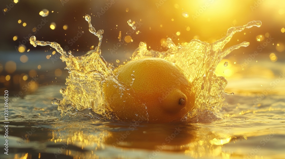 Poster a lemon hitting the water, splashing in all directions, creating a refreshing visual with vibrant ye