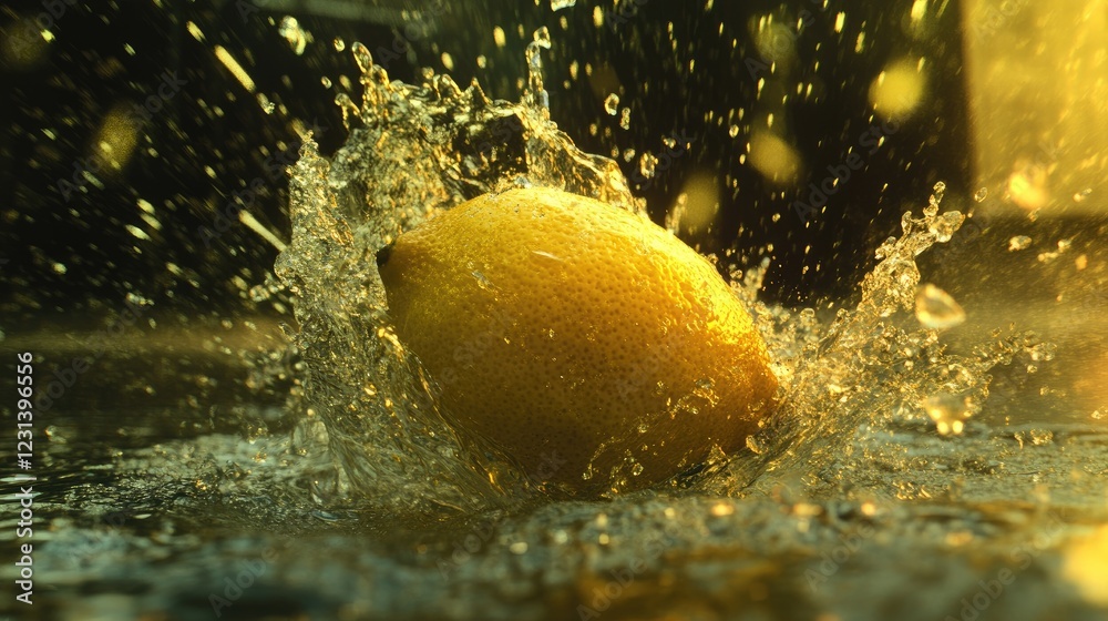 Poster A lemon hitting the water, splashing in all directions, creating a refreshing visual with vibrant yellow tones and dynamic water effects