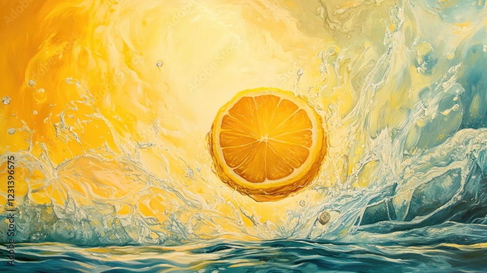 Poster A lemon hitting the water, splashing in all directions, creating a refreshing visual with vibrant yellow tones and dynamic water effects