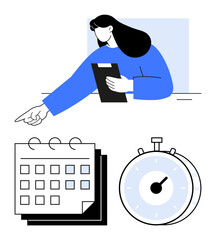 Woman holding clipboard points to calendar and stopwatch emphasizing planning, deadlines, and productivity. Ideal for time management, scheduling, project planning, goal setting, task prioritization