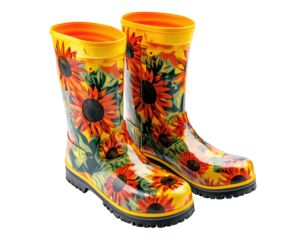Bright and vibrant rain boots featuring sunflower pattern, perfect for adding cheerful touch to rainy days. Ideal for outdoor activities and gardening