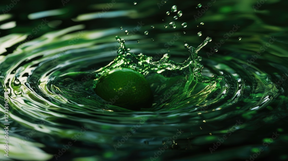 Poster a lime dropping into water, causing a splash and ripples, frozen in time with vibrant green tones co
