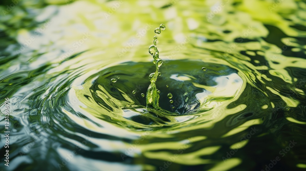 Poster a lime dropping into water, causing a splash and ripples, frozen in time with vibrant green tones co