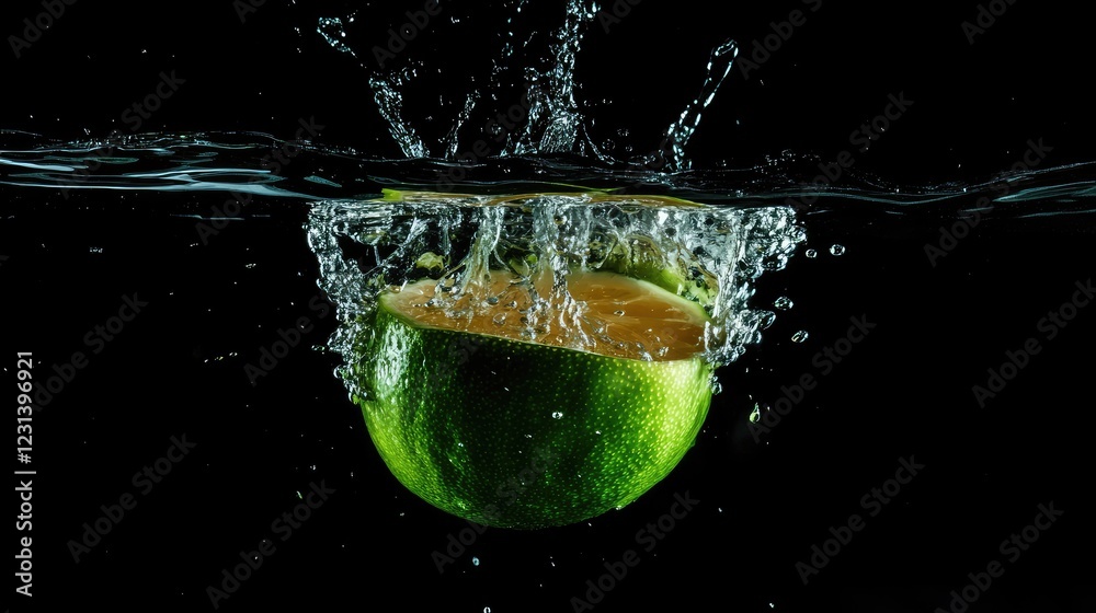Poster a lime falling into water, creating a dynamic splash with water droplets scattering, capturing the f