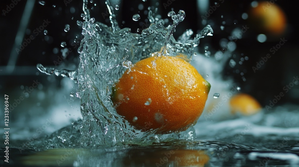 Poster a lime falling into water, creating a dynamic splash with water droplets scattering, capturing the f