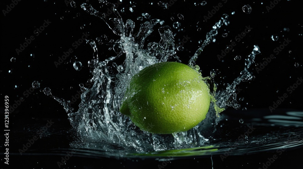 Poster A lime falling into water, making a splash with droplets flying, illustrating the refreshing and energizing effect of citrus in motion