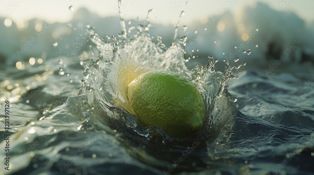 Aufkleber A lime splashing into water, surrounded by droplets and waves, creating a refreshing scene of citrus fruit meeting liquid, captured in generative AI style