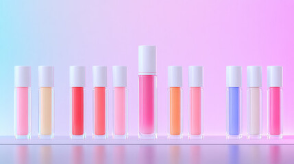 Row of lip glosses in various pastel shades against a vibrant, colorful background.  A beauty product display.