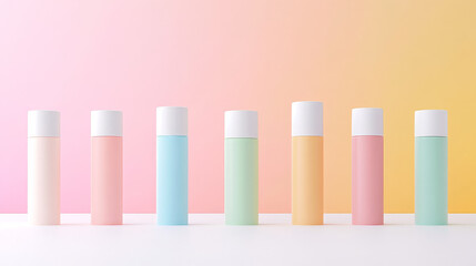 Seven pastel-colored bottles stand in a row against a pink and orange gradient background.  A minimalist and clean aesthetic.