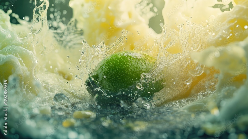 Aufkleber A lime splashing into water, surrounded by droplets and waves, creating a refreshing scene of citrus fruit meeting liquid, captured in generative AI style