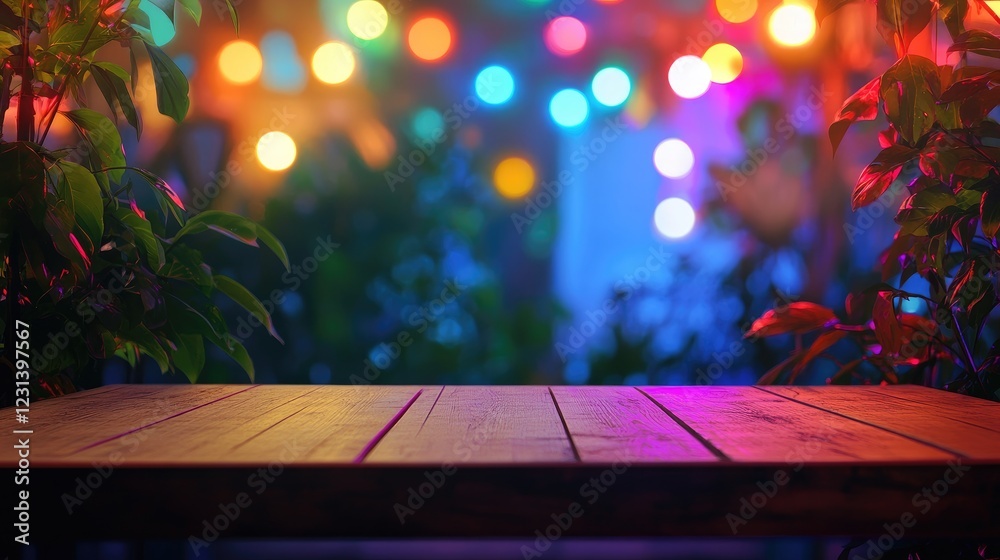 Poster A lively Miami bar setting with rainbow bokeh lights in the background, featuring an empty wooden table ideal for product display or promotional content