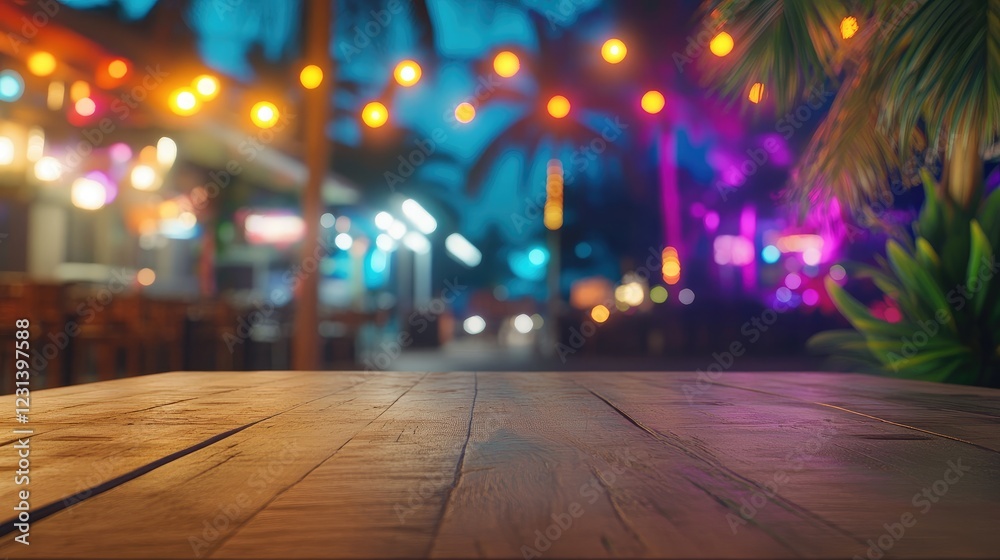 Poster A lively Miami bar setting with rainbow bokeh lights in the background, featuring an empty wooden table ideal for product display or promotional content