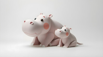 Cartoon pet animal family. Mothers ,father and kids. Domestic parents and children.Animal family 3d illustration.Paper cut style.Origami style.Hippopotamus family.