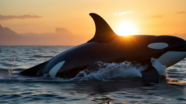 Orca Whale Leaping at Sunset