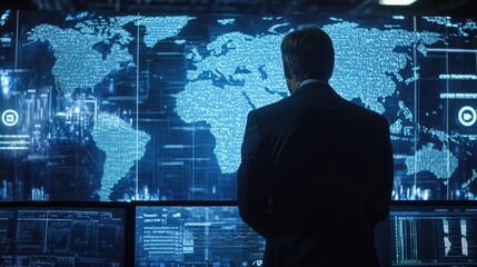 A man in suit is monitoring a digital world map on a large screen display with multiple smaller screens below him