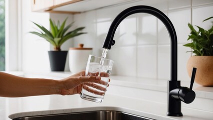 Person fills glass with fresh water from faucet in kitchen. Healthy lifestyle concept. Clean water from filtered tap. Simple act of hydration. Modern kitchen with stylish faucet.