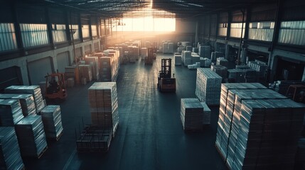 Sunlit warehouse interior with multiple forklifts moving pallets.