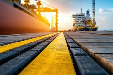 Industrial Port Scene with Cargo Ship and Sunlight Over Docking Area at Dusk